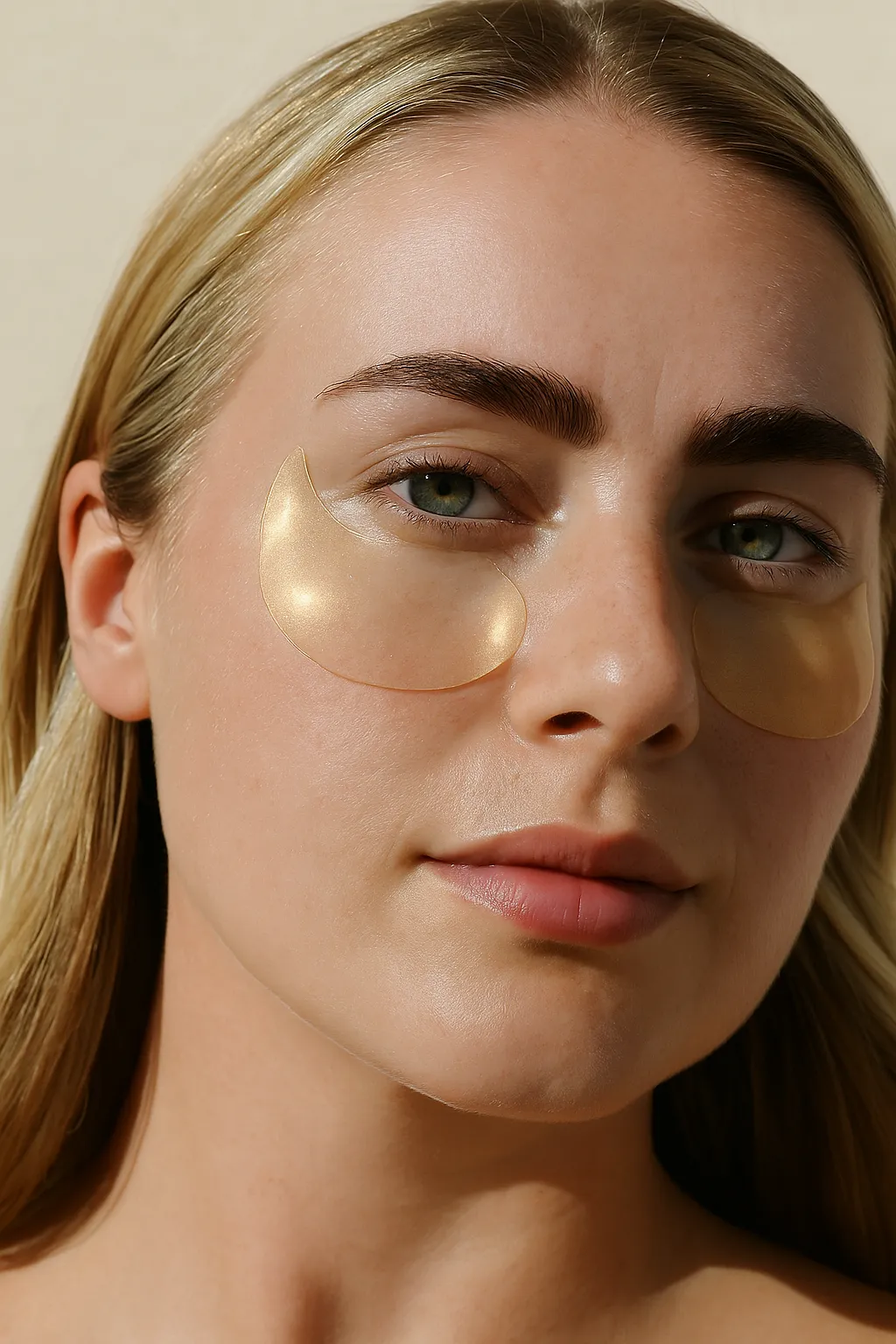 Woman wearing Patchology under-eye patches in warm natural light